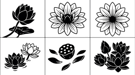 Naklejka premium Minimalist black vector lotus flower icon set six panels close up petals seed pod leaves symmetrical line oriental silhouette art