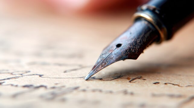 Close-up view of a fountain pen writing on brown paper with ink