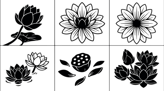 Minimalist black vector lotus flower icon set six panels close up petals seed pod leaves symmetrical line oriental silhouette art