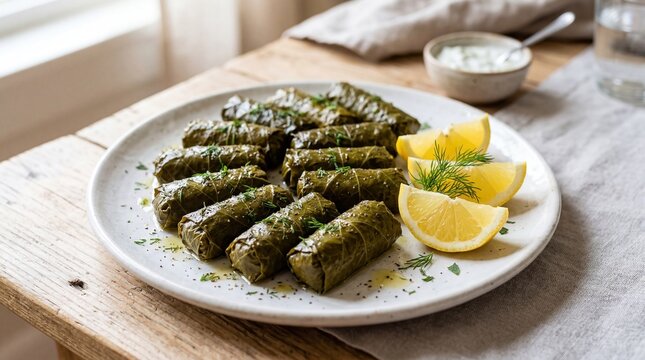 Greek dolmades, stuffed grape leaves with rice on a rustic wooden table, served with dill and lemon, closeup