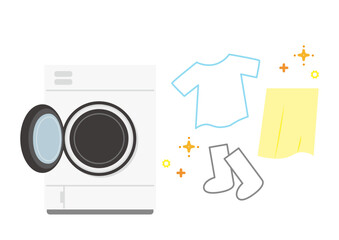 Illustration of a drum-type washing machine and laundry