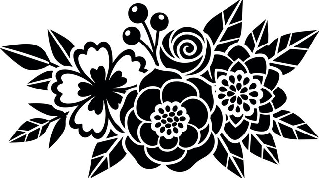 Flat design floral silhouette close up bouquet vector art with layered roses leaves berries side view ornamental composition