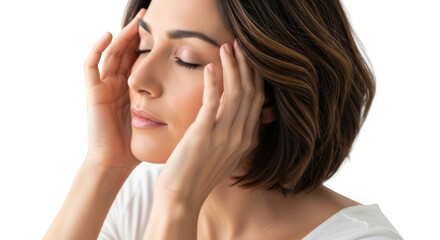 A woman with her eyes closed, appearing to be in pain or discomfort.