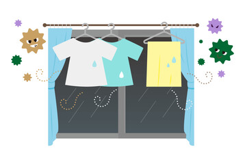 An illustration of bacteria and laundry drying indoors.