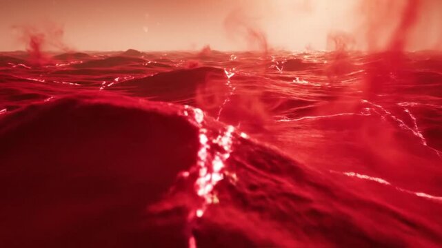 Delicate luminous heart shape emerging from glowing red ocean waves with soft mist