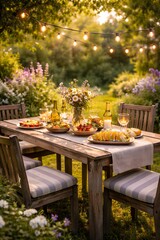 Summer garden party: A lavishly set table with salads, corn on the cob and wine in the warm evening light.
