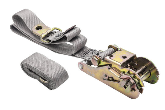 This is a ratchet tie-down strap (or cinta de catraca), a common tool used for securing cargo during transport.