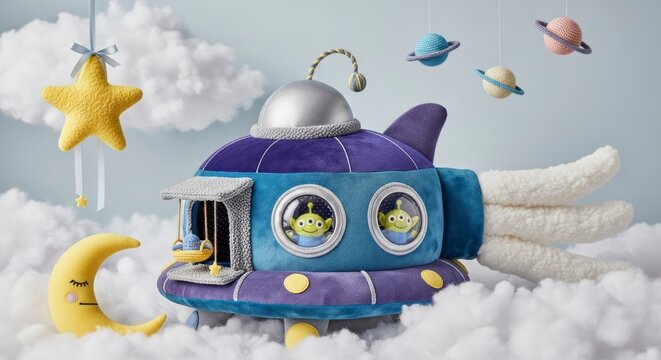 Childs room decor plush spaceship clouds star and moon against light blue