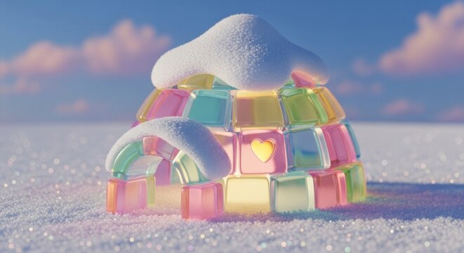 Colorful igloo made of gelatin blocks with snow blue sky background