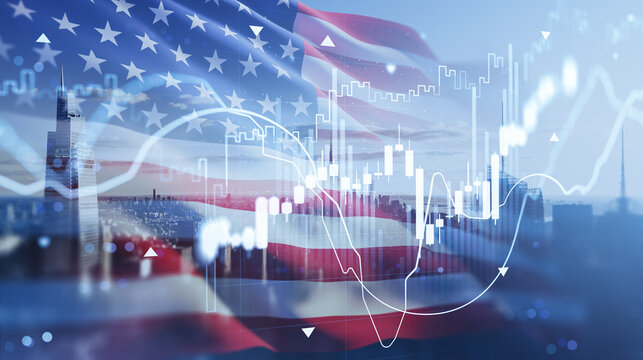 U.S. financial market with stock exchange graph overlay and American flag on Manhattan skyline at sunset illustrating economy and investment concept.