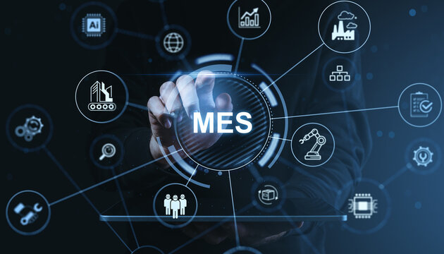 Manufacturing execution system interface with digital icons and human hand interacting on futuristic blue background technology..