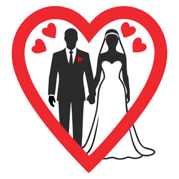 Wedding Couple Holding Hands Inside a Heart Frame Illustration