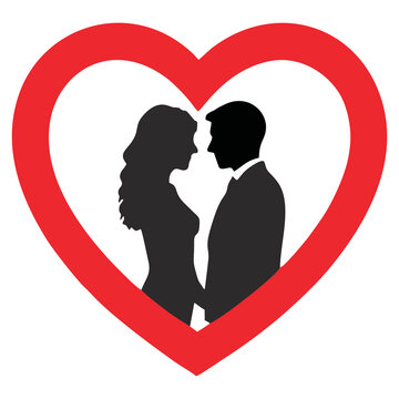 Romantic Wedding Illustration: Bride and Groom Face to Face in a Heart