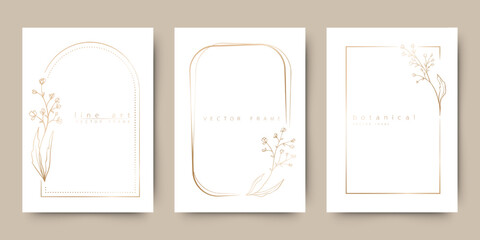 Minimal elegant botanical frame set in soft neutral tones with delicate line art elements. Perfect for wedding invitations, branding, social media templates, stationery design, luxury packaging and mo © taniKoArt
