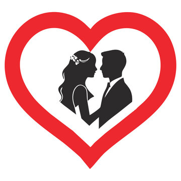 Silhouette of a Bridal Couple in Profile Inside a Red Heart Frame