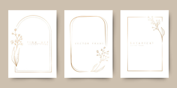 Minimal elegant botanical frame set in soft neutral tones with delicate line art elements. Perfect for wedding invitations, branding, social media templates, stationery design, luxury packaging and mo