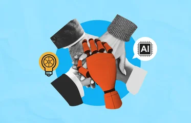 Selbstklebende Fototapeten Altes Krankenhaus Beelitz Human and robotic hands joined together in collaboration, symbolizing teamwork and innovation in technology on a blue background with concept icons.  © ImageFlow