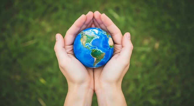 Hands cradling the earth globe in green grass background