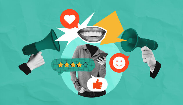 Abstract collage of person with smartphone, megaphones, rating i