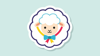 Obraz premium cute cartoon lamb head illustration with a blue bow tie and colorful ribbons on a light blue background.