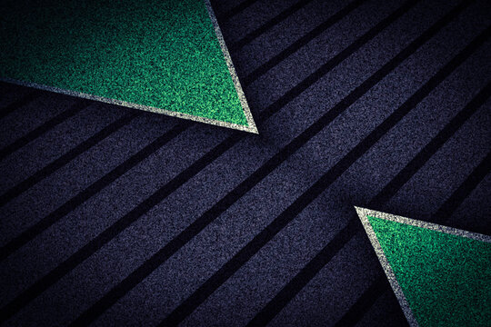 Abstract diagonal composition with dark grey metallic striped texture and emerald green corner elements