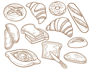 Set of illustrations on the theme of bread and pastries - croissants, khachapuri, baguette, bread and butter