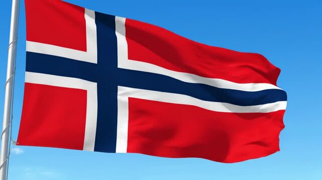 Norwegian flag waving on a pole against a clear blue sky on a sunny day from a low angle