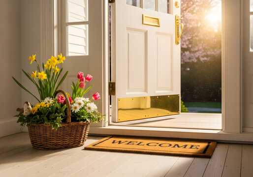 Inviting open door with welcome mat and spring flowers