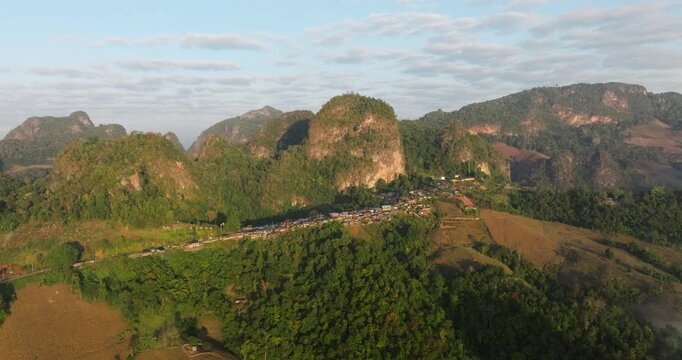 Ban Jabo - Traditional Black Lahu Village In The Mountains Of The Mae Hong Son Province In Northern Thailand. Aerial Shot
