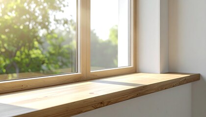 Fototapeta premium Sunlit wooden window ledge with soft greenery outside forming peaceful minimalist interior lifestyle background
