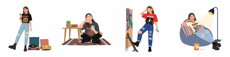 Diverse illustrations of young women embracing modern youth culture, digital leisure, and casual fashion, featuring music, smartphones, and urban street style. © Slamet