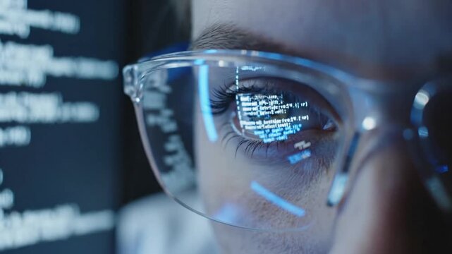 Scientist's Eye Reflects Code on Monitor Display