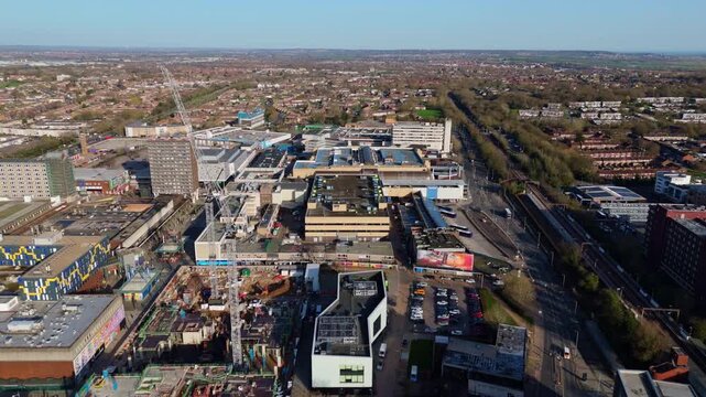 Aerial establishing shot of Basildon, UK, showing urban landscape on a clear day
