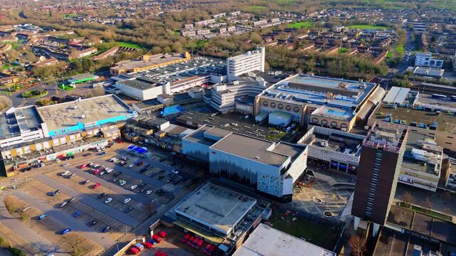 Aerial establishing shot of Basildon town center, Essex, United Kingdom