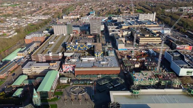 Aerial view of Basildon in the United Kingdom, showing buildings and construction