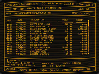 A vintage retro digital vector graphic overlay. Old green CRT screen overlay with accounting app tables and database with taxes. Green retro text on black screen. 80's display overlay 4:3 scanlines.