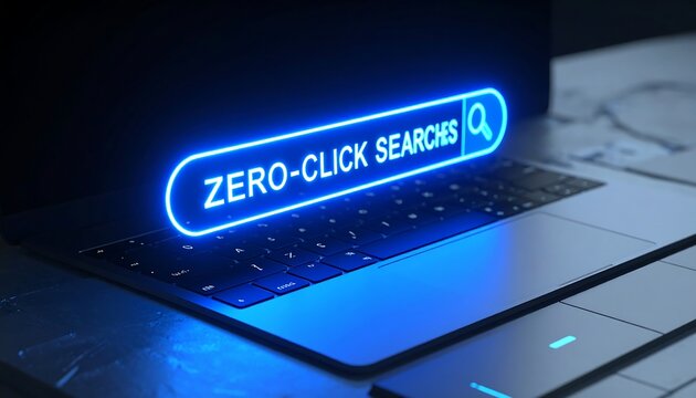Glowing zero click search bar displayed on laptop keyboard representing modern SEO and web marketing technology