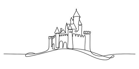 Continuous line drawing of a majestic medieval castle on a hill with multiple towers and turrets. © Bobita