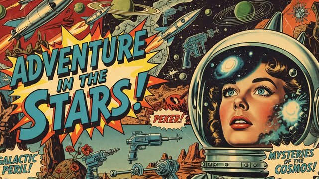 Vintage 1950s Pulp Sci-Fi Comic Book Cover Art with Woman Astronaut and Rockets