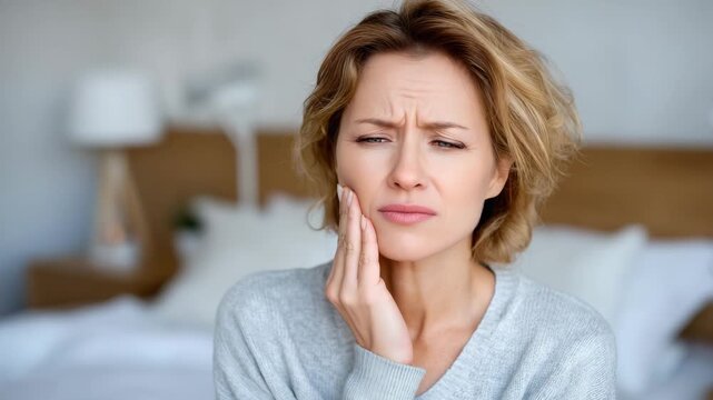 12Faceless woman experiencing acute dental discomfort at home, head slightly tilted, fingers pressing against cheek, minimalist bedroom background, soft shadows creating emotional te