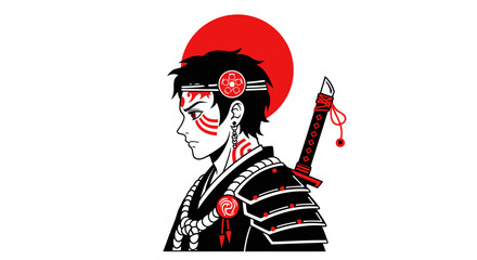 A mysterious samurai stands before a setting red sun with sword © meyto01