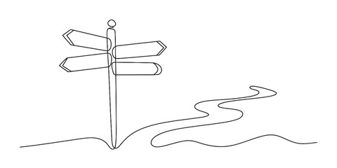 Single line drawing of a signpost with many arrows and a winding path on a white background. Vector, illustration © Bobita