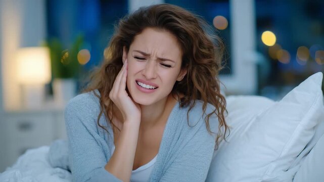 18Faceless young woman suffering severe dental pain at home, sitting on edge of bed, shoulders tense, soft ambient lighting, intimate domestic scene showing oral health crisis