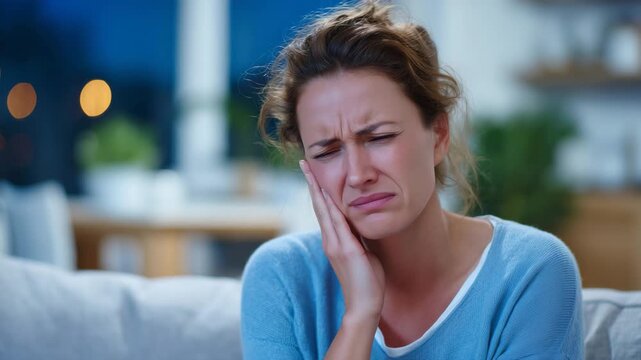 21Faceless woman bent slightly forward from toothache pain, hand pressed to jaw, calm home interior disrupted by sudden discomfort, cinematic lighting emphasizing urgency and isolati