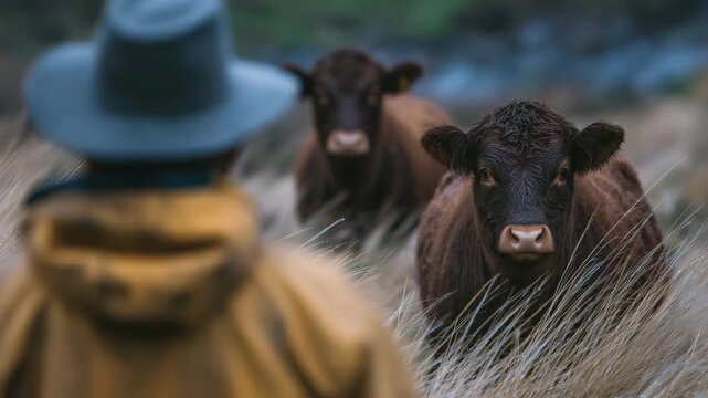 22Faceless cattle standing in pasture during winter, farmer tending livestock and providing feed, frosty grass field and muted countryside tones, ethical animal husbandry and sustain