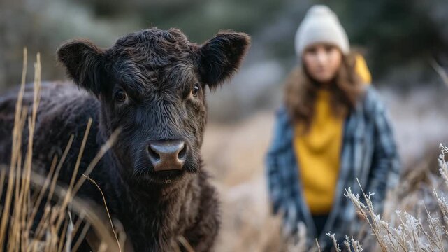 21Faceless cattle standing in pasture during winter, farmer tending livestock and providing feed, frosty grass field and muted countryside tones, ethical animal husbandry and sustain