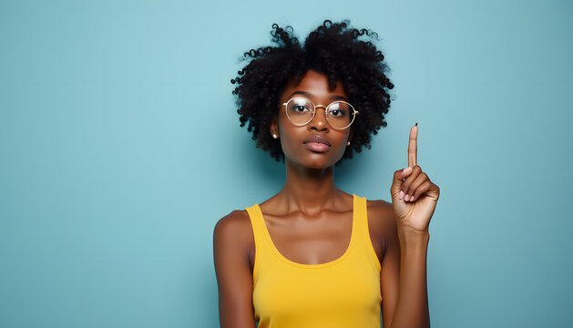 Young Black woman wearing round glasses and yellow tank top points finger up