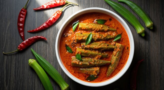 Spicy South Indian Bhindi Masala, Okra Curry with Red Chilies and Curry Leaves