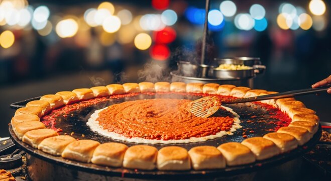 Indian Street Food Pav Bhaji Cooking on Large Tawa at Night Market