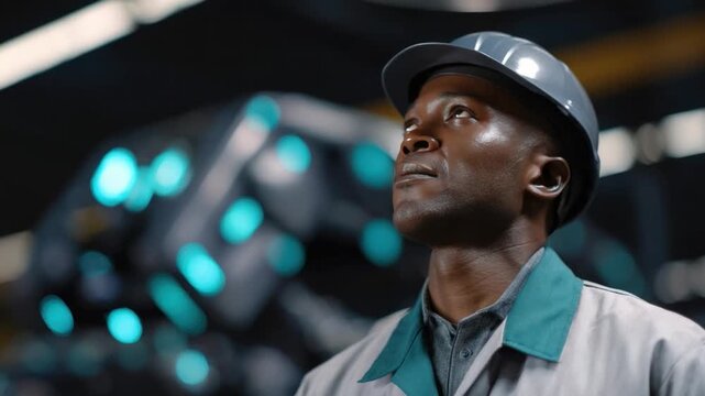 Focus of Determination: A focused industrial worker, donned in a safety helmet, gazes upwards with a determined expression, embodying professionalism and dedication in a modern industrial setting.
